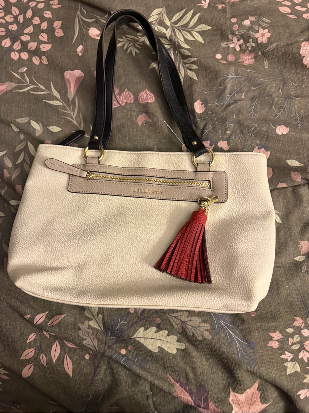 Liz Claiborne Cream Tote with navy Handles and Red Tassel